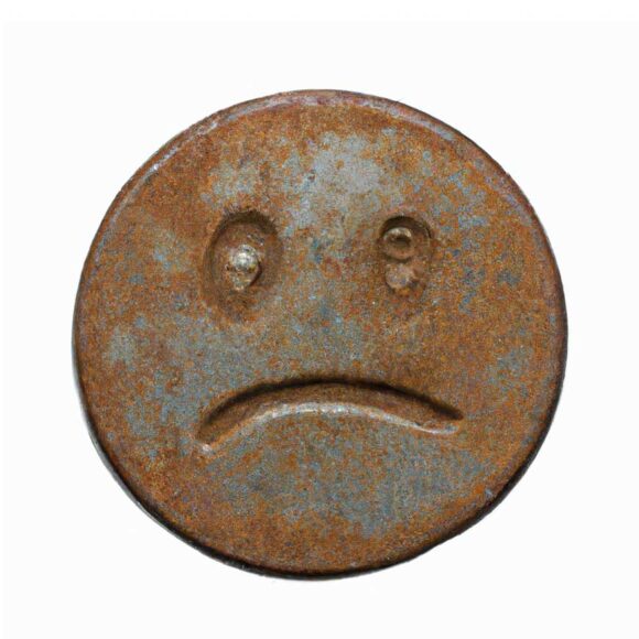 zardzewiały okrągły metalowy krążek z wyrytą smutną miną