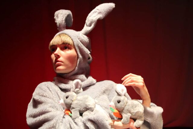 Kobieta przebrana za królika przytula maskotki-króliczki