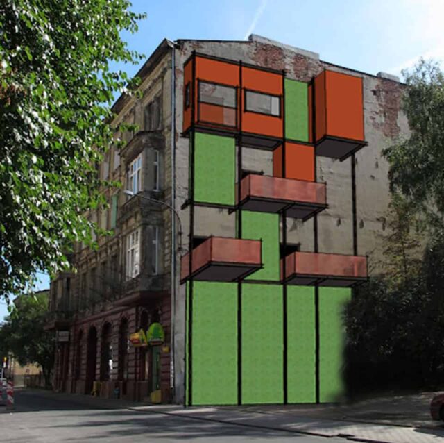 Mural geometryczny czerwono-zielony na ścianie kamienicy