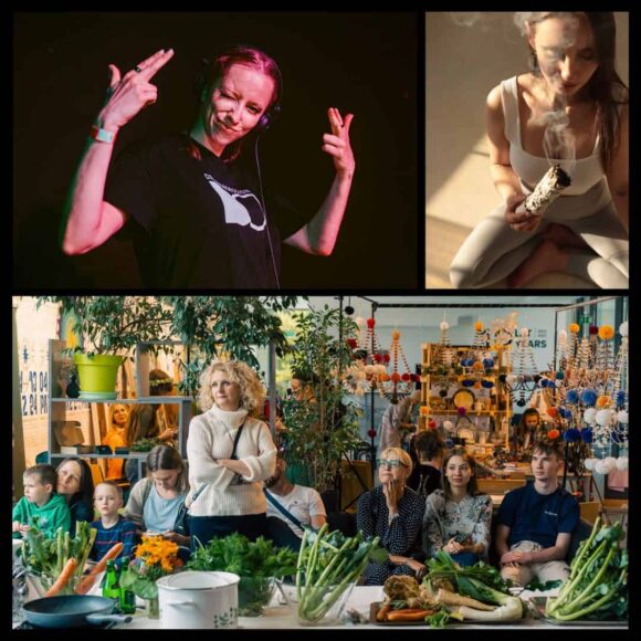 kolaż zdjęć" kobieta djka, joginka, ludzie przy stole z jedzeniem