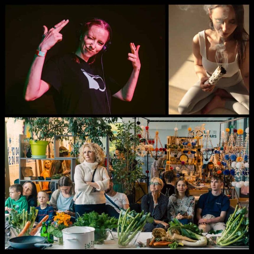 kolaż zdjęć" kobieta djka, joginka, ludzie przy stole z jedzeniem