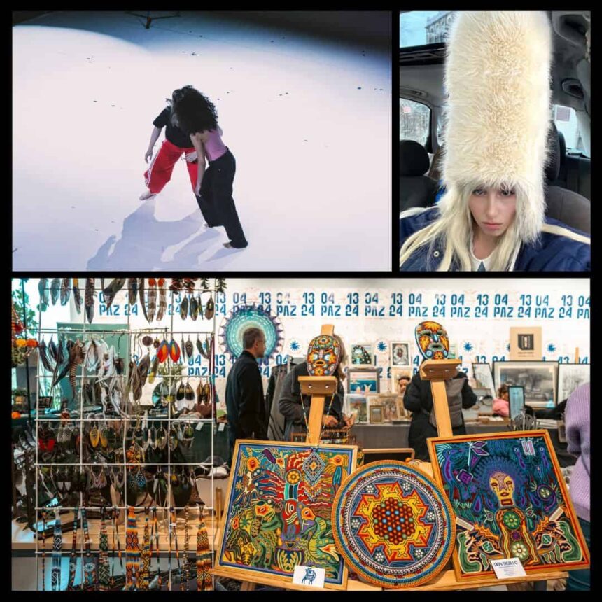 kolaż 3 zdjęć: dwie kobiety na białej podlodze, dziewczyna w wysokim nakryciu głowy, targi rzemiosła w Centrum Dialogu