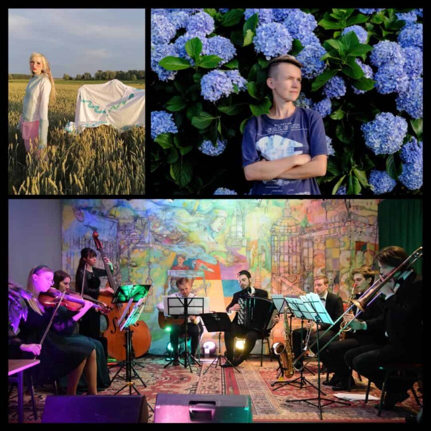 kolaż 3 zdjęć: dziewczyna na polu, kobieta na tle kwiatów, zdjęcie zespołu retro w czasie koncertu