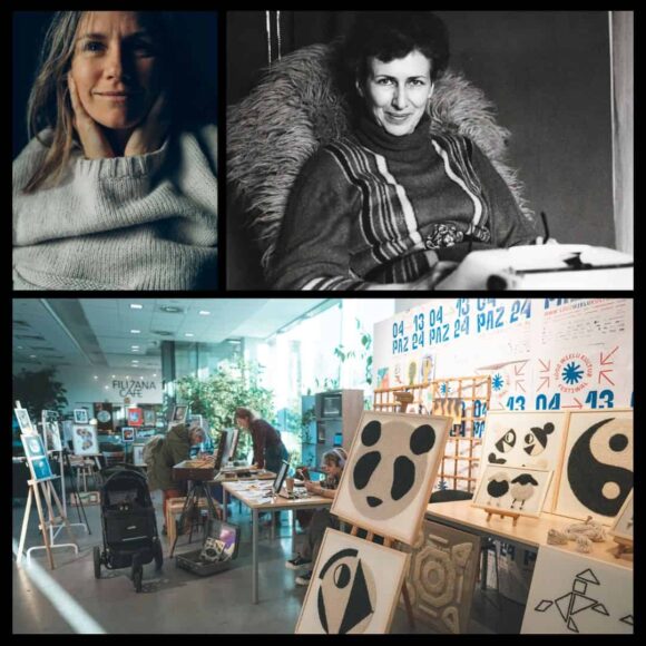 kolaż 3 zdjęć: młoda kobieta w swetrze, archiwalne zdjęcie Kulmowej z maszyną do pisania, targi w Centrum Dialogu